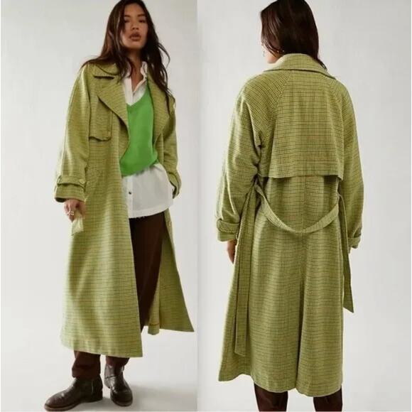 Free People Jackets & Blazers - NEW Free People Melia Check Wool Blend Trench Jacket M Green